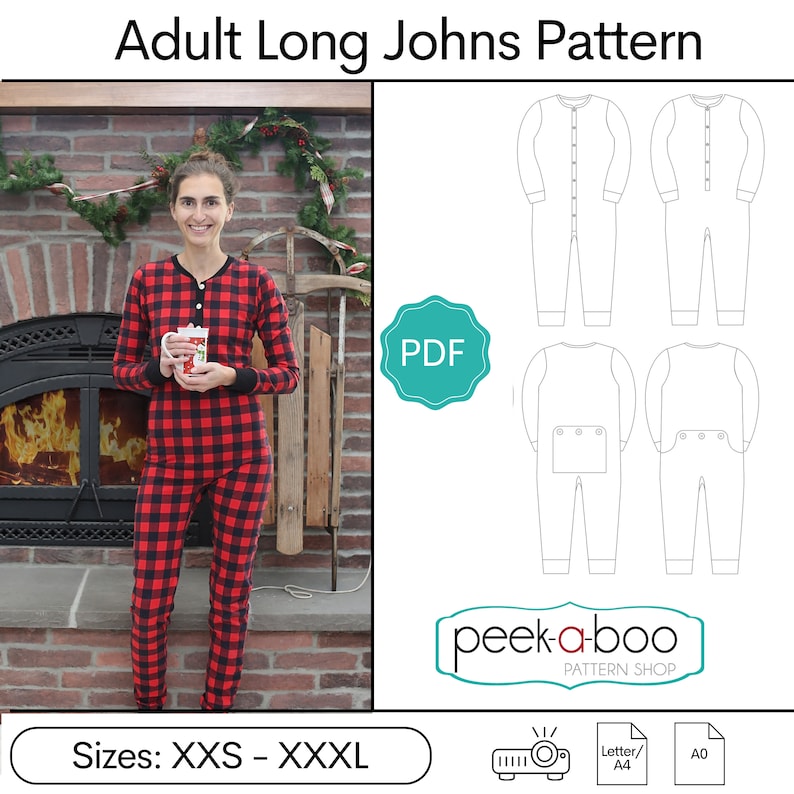 Adult Long Johns PDF Sewing Pattern: Adult One-Piece Pajamas, Adult Union Suit, Family PJs image 1