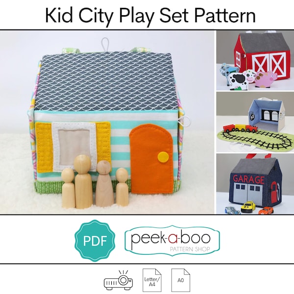 Kid City Play Set: Fabric Dollhouse Pattern, Take Along Dollhouse Pattern, Car Play Set, Train Play Set