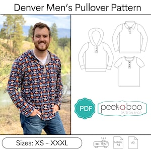 May include: A PDF sewing pattern for a pullover with a hooded and short-sleeved option. The pattern is available in sizes XS to XXXL. The pattern is from peek-a-boo PATTERN SHOP.