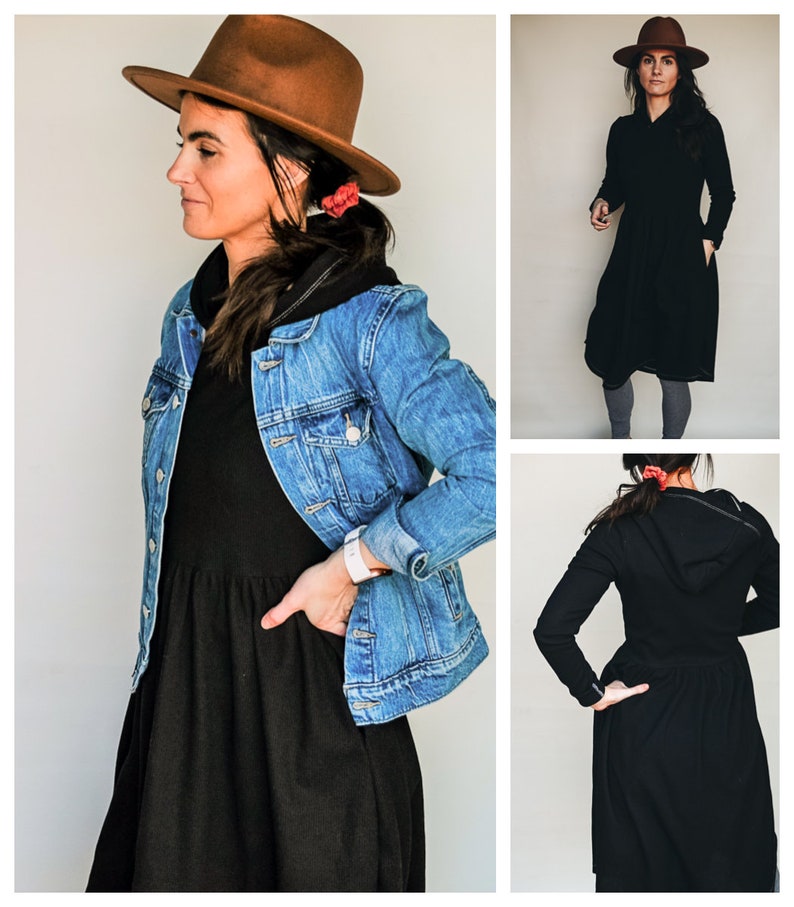 Pode incluir: Um vestido preto com capuz e saia franzida. O vestido &eacute; usado com uma jaqueta de ganga e um chap&eacute;u fedora castanho.