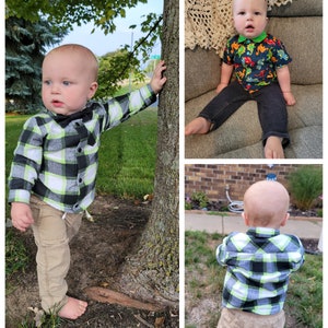 Puede incluir: Un ni&ntilde;o peque&ntilde;o con una camisa a cuadros en blanco y negro con una corbata de lazo verde y pantalones caqui. El ni&ntilde;o est&aacute; de pie junto a un &aacute;rbol.