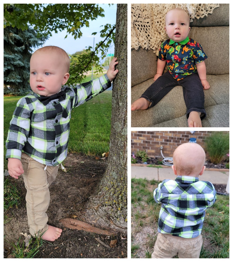 Puede incluir: Un ni&ntilde;o peque&ntilde;o con una camisa a cuadros en blanco y negro con una corbata de lazo verde y pantalones caqui. El ni&ntilde;o est&aacute; de pie junto a un &aacute;rbol.