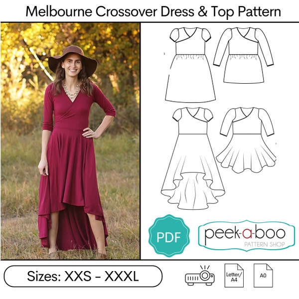 Melbourne Crossover Dress and Top PDF Sewing Pattern: Wrap Front Dress, Nursing Dress, Fishtail Skirt, High Low Dress