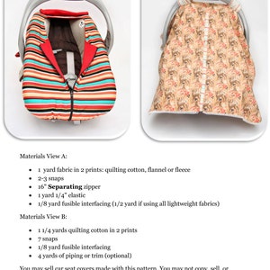 May include: A sewing pattern for a car seat cover with two different views. View A shows a striped car seat cover with a red zipper and a brown car seat. View B shows a car seat cover with a brown and orange deer print. The pattern includes instructions for making the car seat cover and a list of materials needed.