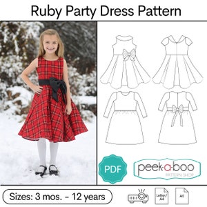 May include: PDF sewing pattern for a red and black plaid party dress for girls. The pattern includes sizes from 3 months to 12 years. The pattern is available in Letter/A4 and A0 sizes.
