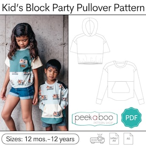 May include: A digital download pattern for a child's pullover with a block party theme. The pattern includes two styles: a hooded pullover and a long-sleeved pullover. The pattern is available in sizes 12 months to 12 years. The pattern is available in PDF format and can be printed on A4 or A0 paper.
