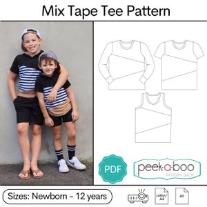 Puede incluir: Un patrón de costura digital para una camiseta de niño con un diseño de rayas diagonales. El patrón incluye tres estilos: manga larga, manga corta y camiseta sin mangas. El patrón está disponible en tallas de recién nacido a 12 años. El patrón está disponible para descargar en PDF. El patrón es de la tienda de patrones peek-a-boo.