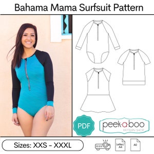 May include: A digital download pattern for a surfsuit with long and short sleeves. The pattern is available in sizes XXS to XXXL. The pattern is for a one-piece swimsuit with a zipper in the front. The pattern is available in PDF format and can be printed on A4 or A0 paper.