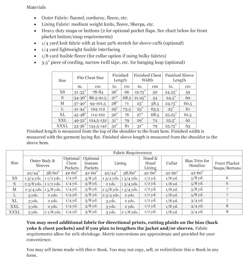 May include: A sewing pattern chart for a jacket with instructions for fabric requirements, measurements for different sizes, and a list of materials needed for the project.