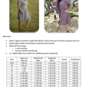 Pode incluir: Um gr&aacute;fico com os requisitos de jardas de tecido para diferentes tamanhos de um padr&atilde;o de vestido. O gr&aacute;fico inclui medidas para o corpo e as mangas, a saia de meio c&iacute;rculo, a saia franzida, o capuz e a faixa do pesco&ccedil;o. O gr&aacute;fico est&aacute; etiquetado com tamanhos de XXS a 5X.