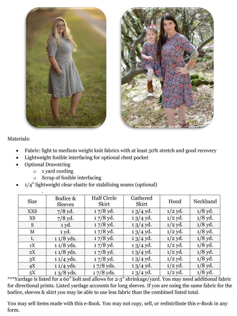 Pode incluir: Um gr&aacute;fico com os requisitos de jardas de tecido para diferentes tamanhos de um padr&atilde;o de vestido. O gr&aacute;fico inclui medidas para o corpo e as mangas, a saia de meio c&iacute;rculo, a saia franzida, o capuz e a faixa do pesco&ccedil;o. O gr&aacute;fico est&aacute; etiquetado com tamanhos de XXS a 5X.
