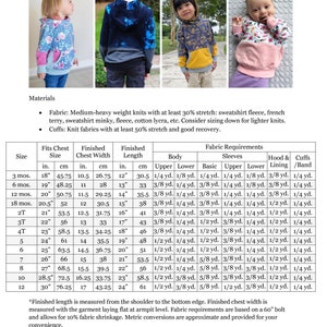 May include: A chart with instructions for sewing a hooded sweatshirt for children. The chart includes measurements for different sizes, from 3 months to 12 years old, and fabric requirements for each size. The chart also includes a note about using medium-heavy weight knits with at least 30% stretch.