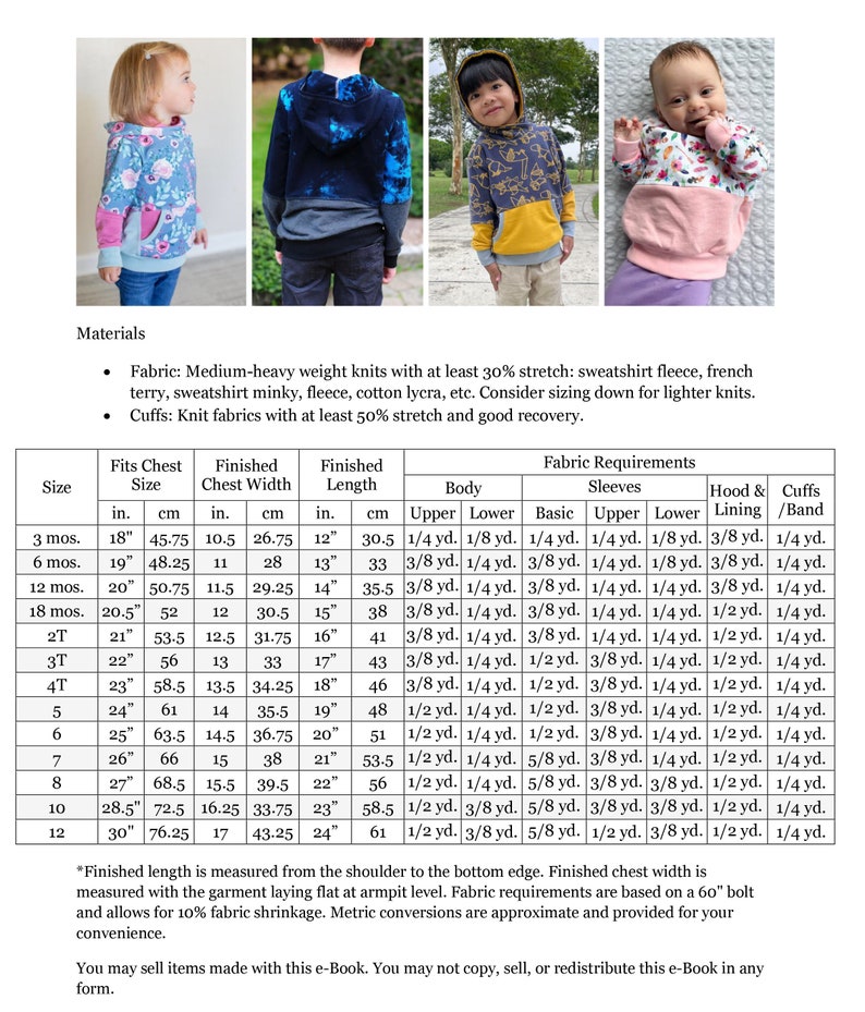 May include: A chart with instructions for sewing a hooded sweatshirt for children. The chart includes measurements for different sizes, from 3 months to 12 years old, and fabric requirements for each size. The chart also includes a note about using medium-heavy weight knits with at least 30% stretch.