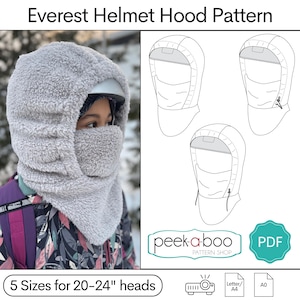 Può includere: Un modello di cucito per un cappuccio per casco in pile, con cinque taglie per teste da 50 a 60 cm. Il modello è disponibile in formato PDF e include istruzioni per cucire il cappuccio.