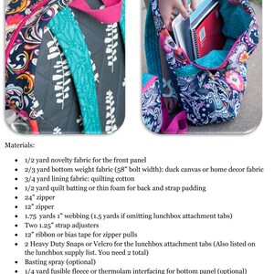 May include: A sewing pattern for a backpack with a colorful floral fabric design. The pattern includes instructions for making a backpack with a lunchbox attachment, water bottle pockets, and adjustable straps. The pattern is available for sale and may not be copied, sold, or redistributed.