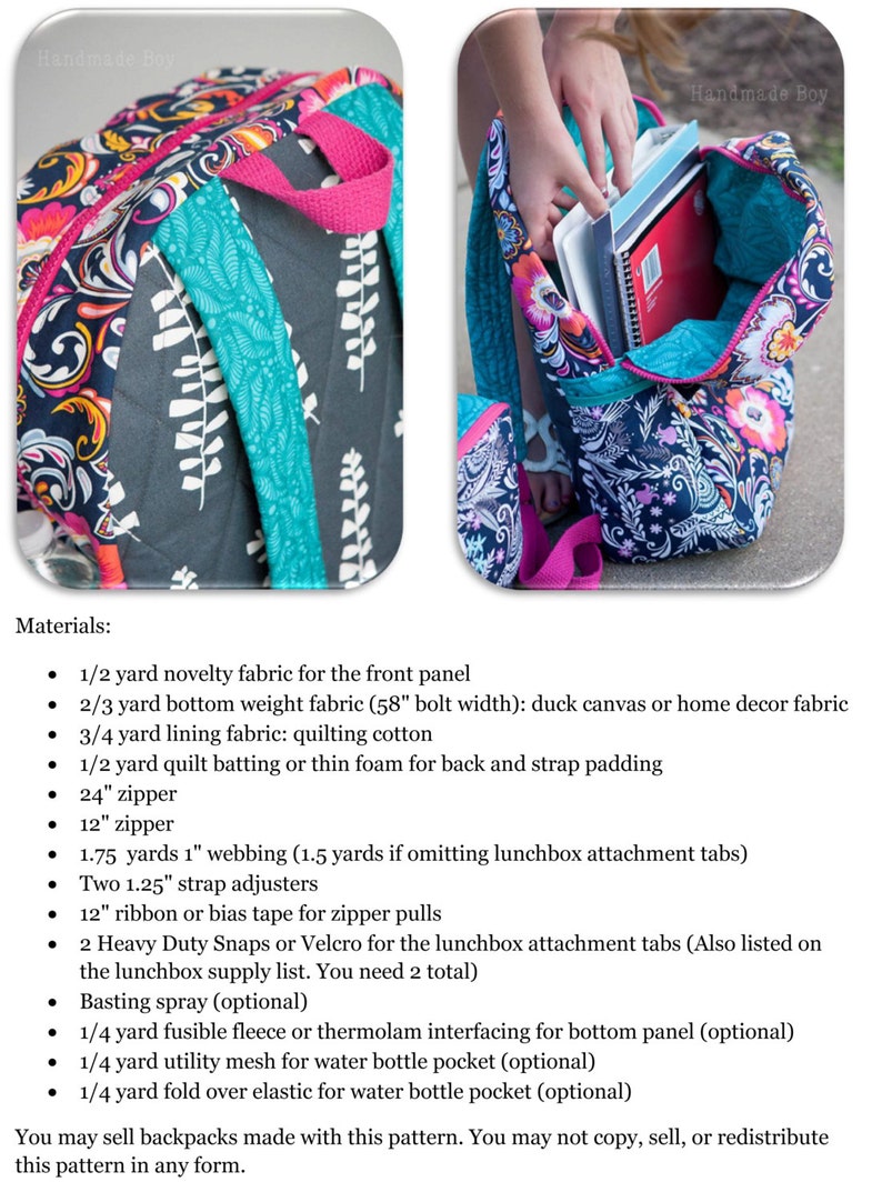 May include: A sewing pattern for a backpack with a colorful floral fabric design. The pattern includes instructions for making a backpack with a lunchbox attachment, water bottle pockets, and adjustable straps. The pattern is available for sale and may not be copied, sold, or redistributed.