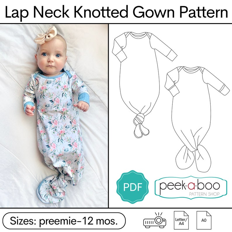 Puede incluir: Un patr&oacute;n PDF para un vestido anudado para beb&eacute;s. El patr&oacute;n incluye instrucciones para tallas desde prematuro hasta 12 meses. El patr&oacute;n est&aacute; disponible en tallas Letter/A4 y A0. El patr&oacute;n es para un vestido de cuello redondo con la parte inferior anudada.