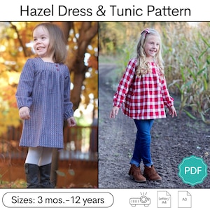 May include: A PDF pattern for a Hazel dress and tunic for children, featuring two girls wearing the garments in different patterns. The pattern is available in sizes 3 months to 12 years.