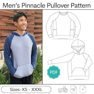 May include: A digital pattern for a pullover hoodie with a kangaroo pocket and raglan sleeves. The pattern is available in sizes XS to XXXL and is available as a PDF download. The image shows a model wearing a similar hoodie and a line drawing of the pattern.