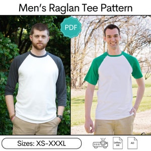 May include: A PDF pattern for a men's raglan tee shirt. The pattern includes sizes XS-XXXL. The image shows two models wearing the shirt in different color combinations.
