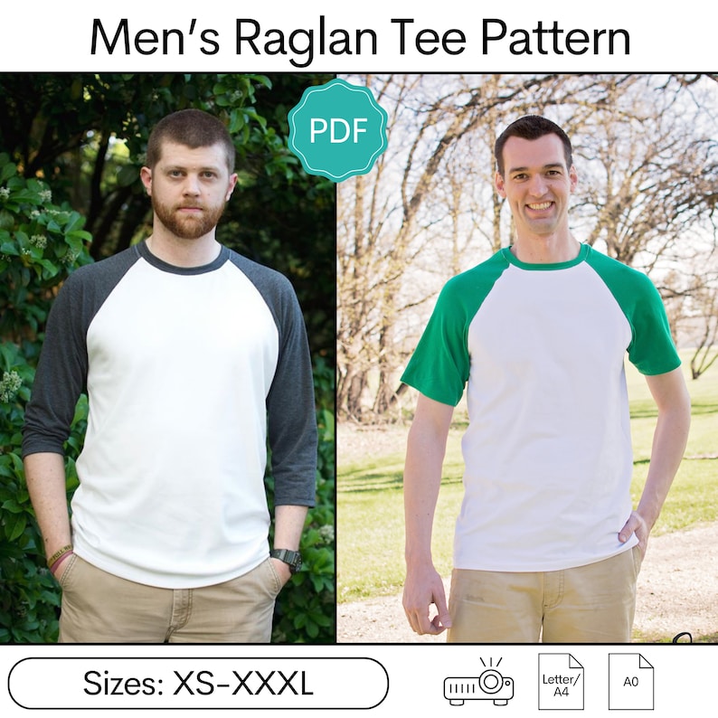May include: A PDF pattern for a men's raglan tee shirt. The pattern includes sizes XS-XXXL. The image shows two models wearing the shirt in different color combinations.