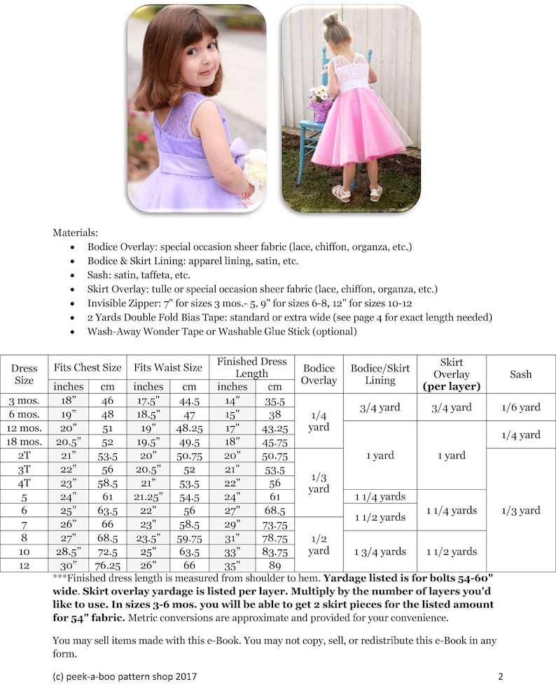May include: A chart with instructions for making a dress for a child. The chart includes measurements for chest, waist, and dress length in inches and centimeters. It also includes yardage requirements for the bodice, skirt lining, and skirt overlay in yards.