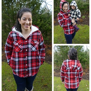 May include: A red and black plaid flannel shirt with a sherpa-lined hood. The shirt has a button-up front and two chest pockets.