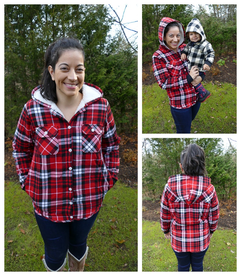 May include: A red and black plaid flannel shirt with a sherpa-lined hood. The shirt has a button-up front and two chest pockets.