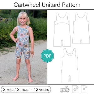 May include: A Cartwheel Unitard Pattern PDF featuring a sleeveless unitard with a floral print in shades of blue, pink, and white. The image includes technical line drawings of the garment front and back, and text indicating sizes 12 mos. - 12 years.