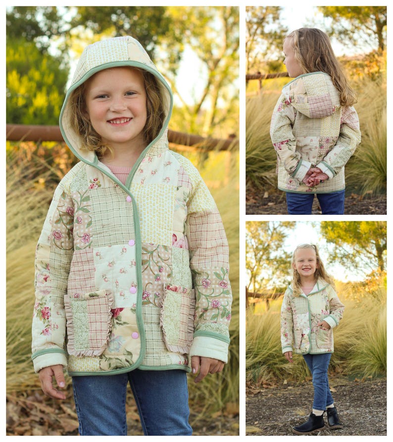 May include: A child wearing a green and white quilted jacket with a hood. The jacket has a patchwork design with floral and geometric patterns. The child is standing in a field of long grass.