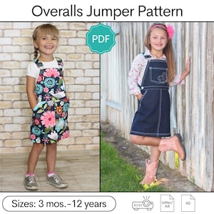 Könnte beinhalten: PDF-Schnittmuster für einen Latz-Jumper für Kinder, Größen 3 Monate bis 12 Jahre. Das Schnittmuster beinhaltet eine Version mit Blumenmuster und eine Version aus Denim.