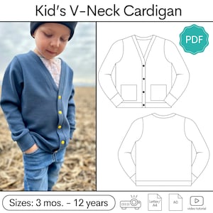 May include: A printable PDF sewing pattern for a child's V-neck cardigan. The pattern includes sizes for 3 months to 12 years. The image shows a child wearing a blue cardigan and a line drawing of the cardigan pattern.