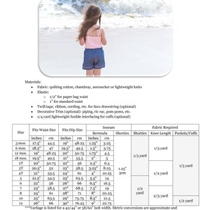 May include: A chart with instructions for sewing a child's Bermuda shorts. The chart includes measurements for waist, hip, inseam, and fabric requirements in inches and centimeters. The chart also includes a picture of a young girl wearing a pair of blue shorts.