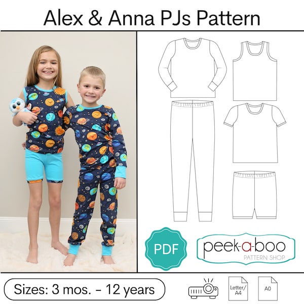 Alex and Anna Pajamas PDF Sewing Pattern: Pajamas PDF Sewing pattern, toddler pajamas pattern, girls pajamas, boys pajamas