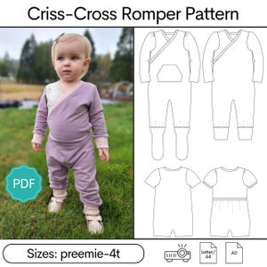 May include: A baby wearing a lavender criss-cross romper with light pink trim. The image includes a PDF pattern with illustrations of the romper in different styles and sizes, with the text "Criss-Cross Romper Pattern" and "Sizes: preemie-4t".