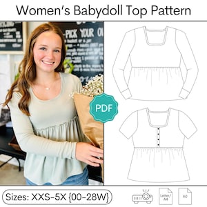 May include: A digital sewing pattern for a babydoll top, featuring a light green long-sleeve ribbed top and two black and white line drawings showing long-sleeve and short-sleeve variations with a square neckline and gathered waist. Sizes XXS-5X.