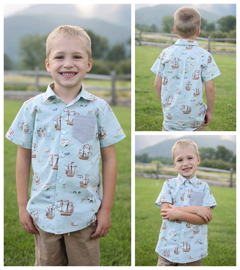 Puede incluir: Un ni&ntilde;o peque&ntilde;o con una camisa de botones de manga corta azul claro con estampado n&aacute;utico. La camisa tiene un peque&ntilde;o bolsillo en el lado izquierdo con un patr&oacute;n a rayas. El ni&ntilde;o lleva pantalones cortos color caqui.