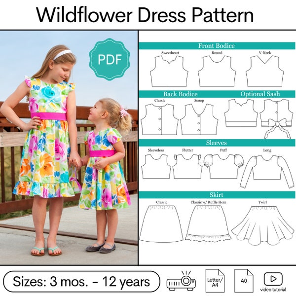 Wildflower Kleid PDF Schnittmuster: Mädchen Kleid Schnittmuster, Baby Kleid Schnittmuster, Blumenmädchen, Party Kleid