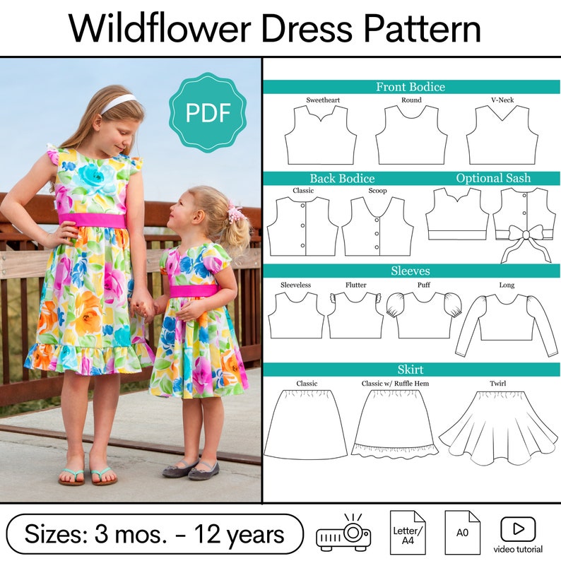 May include: A PDF pattern for a wildflower dress with various bodice, sleeve, and skirt options. The pattern includes sizes for 3 months to 12 years. The image shows a girl wearing a pink and white floral dress.
