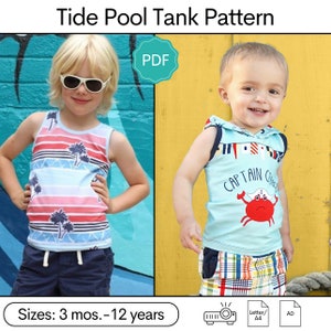May include: A PDF sewing pattern for a sleeveless tank top for children, with two different designs. The first design features a blue and red striped tank top with palm trees printed on it. The second design features a blue tank top with a red crab wearing a captain's hat and the text "Captain Crab". The pattern is available in sizes 3 months to 12 years.