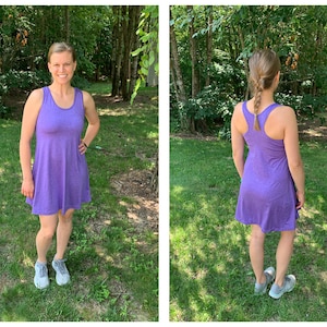 May include: A purple sleeveless dress with a scoop neck and a flowy skirt. The dress is made of a soft, comfortable fabric and is perfect for a casual summer day.