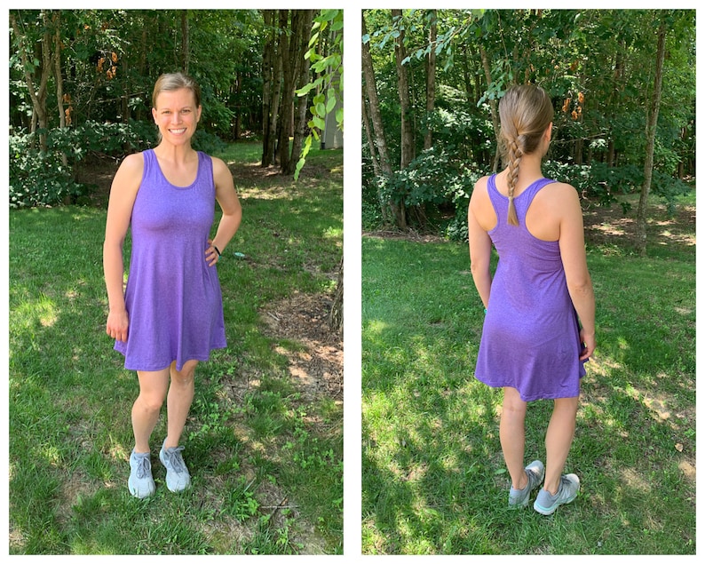 May include: A purple sleeveless dress with a scoop neck and a flowy skirt. The dress is made of a soft, comfortable fabric and is perfect for a casual summer day.