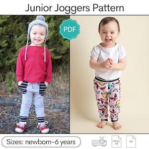 May include: A PDF pattern for making junior joggers in sizes newborn to 6 years. The pattern includes instructions for making joggers with a variety of fabrics, including knit and woven fabrics. The pattern is available in letter/A4 and A0 sizes.