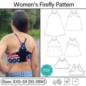 Puede incluir: Un patrón de costura digital para una blusa sin mangas con cuello redondo y falda fruncida. El patrón está disponible en tallas XXS-5X (00-28W) y está disponible para descargar en PDF. El patrón se muestra sobre un fondo blanco con una modelo que lleva una blusa similar.