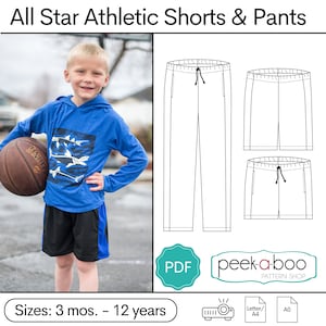 May include: A digital download pattern for athletic shorts and pants for children. The pattern includes sizes from 3 months to 12 years. The image shows a young boy wearing a pair of the shorts and holding a basketball. The pattern is available in PDF format and can be printed on Letter or A0 size paper.