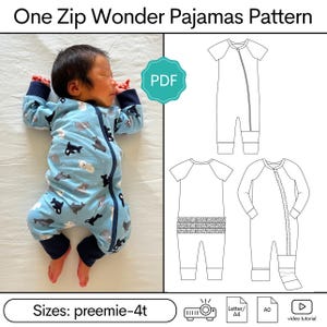 Può includere: Cartamodello per pigiama One Zip Wonder in PDF per taglie da prematuro a 4 anni. L'immagine mostra un neonato con una tutina azzurra con stampa di animali e cerniera blu scuro, insieme a disegni tecnici del capo e icone dei formati file.