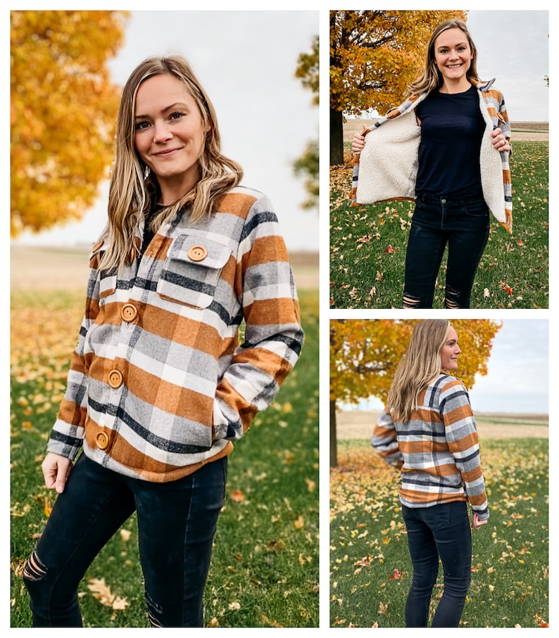 May include: A brown, white, and black plaid flannel shirt with a sherpa lining. The shirt has a button-up front and two pockets. The model is wearing the shirt with black jeans.