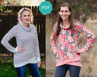 Pemberley Pullover PDF Sewing Pattern for Women: sweatshirt pattern, cowl neck pattern