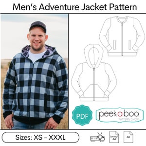 Op de afbeelding: Een PDF-patroon voor een capuchontrui met rits. Het patroon is verkrijgbaar in de maten XS tot XXXL. Het patroon is voor een adventure-jas. Het patroon is van peek-a-boo pattern shop.
