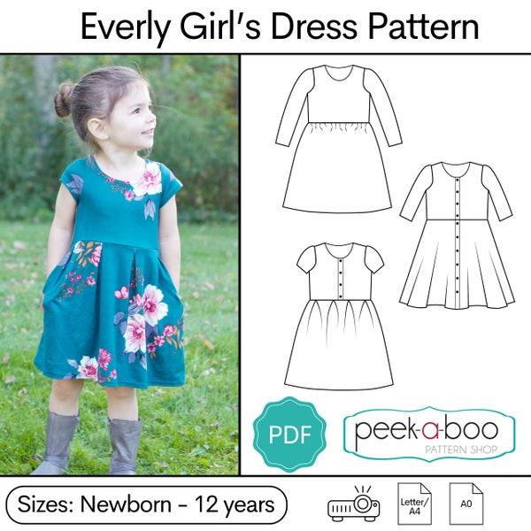May include: A digital PDF pattern for a girl's dress, with a photo of a young girl wearing a teal dress with floral print. The pattern includes three different styles of dresses: long-sleeved, short-sleeved with buttons, and short-sleeved with a gathered waist. The pattern is available in sizes from newborn to 12 years. The text "Everly Girl's Dress Pattern" and "peek-a-boo PATTERN SHOP" are visible in the image.